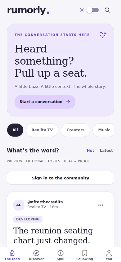 Rumorly light-mode app preview with topic filters and a fictional reality TV story